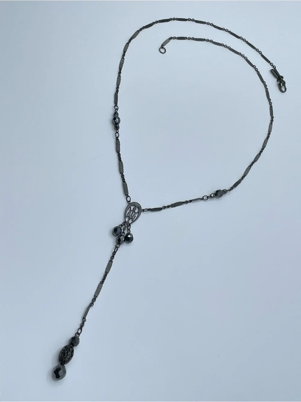 Vintage 1928 Black Crystal Beaded Y Drop Necklace Gunmetal Chain Gothic Art Deco